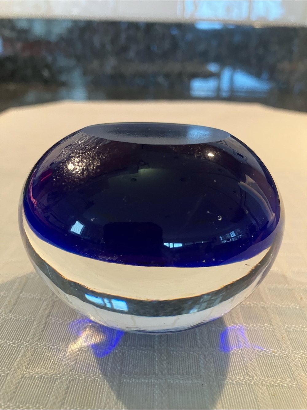 Vintage Cobalt Blue & Clear Art Glass Paperweight Orb. Hand Blown